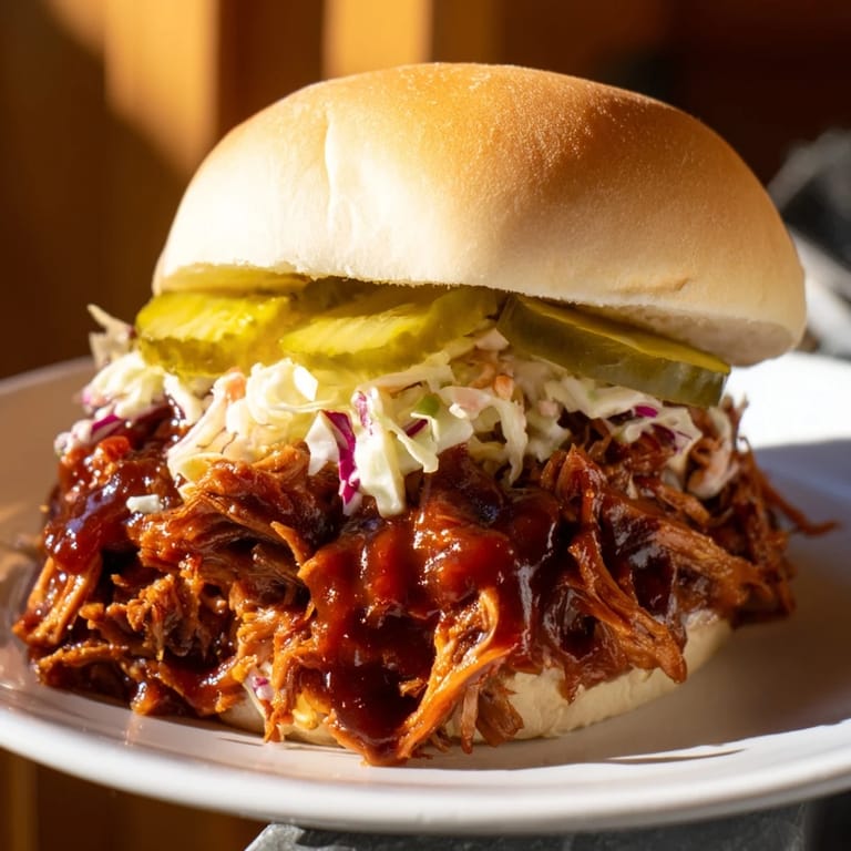 Warm, smoky aroma: A photo of a pulled pork sandwich, ready to eat with a side of coleslaw.