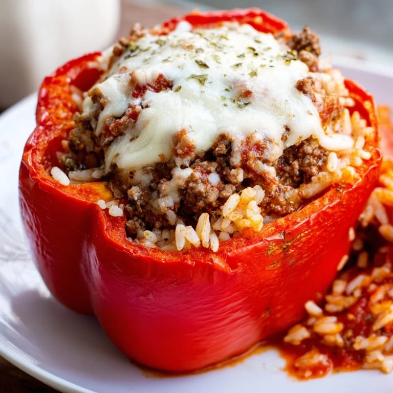 A close-up shot of baked stuffed bell peppers, colorful and brimming with a delicious meat and rice mixture.