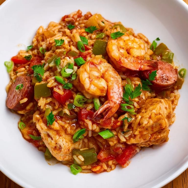 A delicious close-up showcases the colorful ingredients of this authentic Jambalaya recipe.