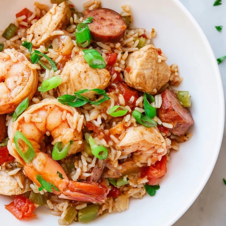 Flavorful, well-seasoned Jambalaya with shrimp and andouille sausage, ready to be served.