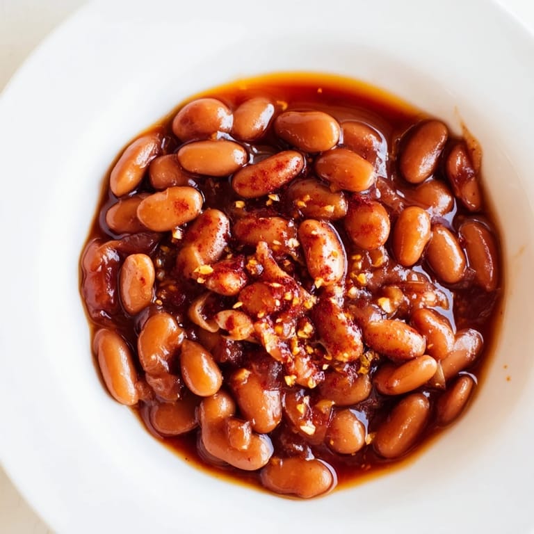 Close-up of a pot of baked beans, perfectly seasoned and cooked with smoky undertones for serving.