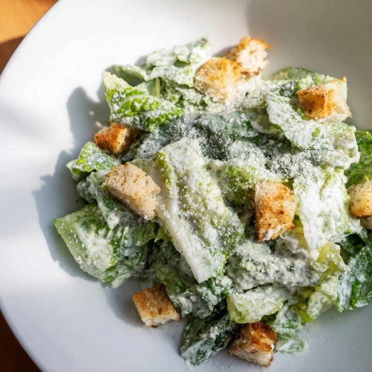 This vibrant Caesar salad is tossed with creamy dressing, perfect for a refreshing lunch.