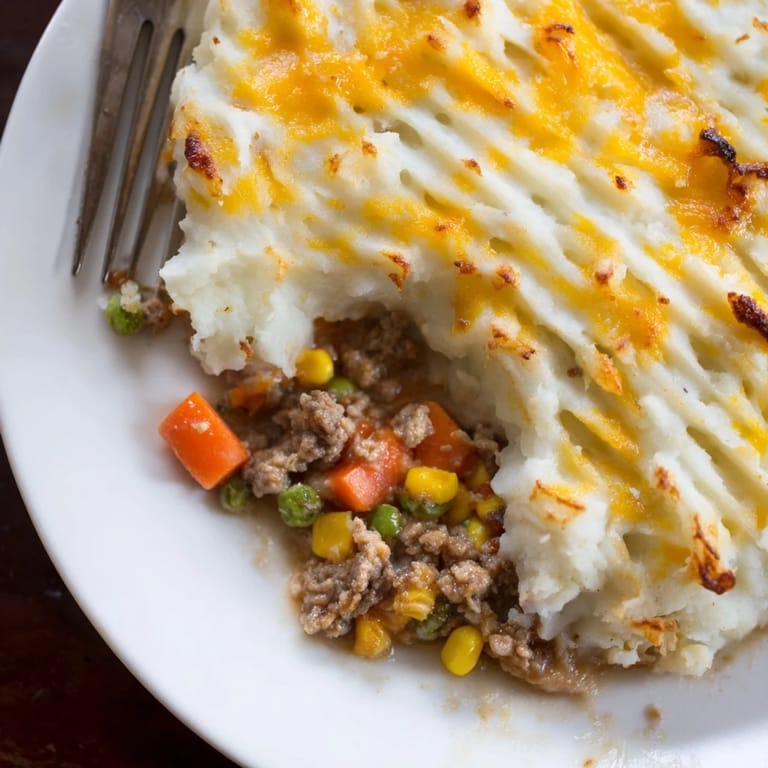A close-up of Shepherd's Pie, showcasing the tender meat filling and fluffy potato crust.