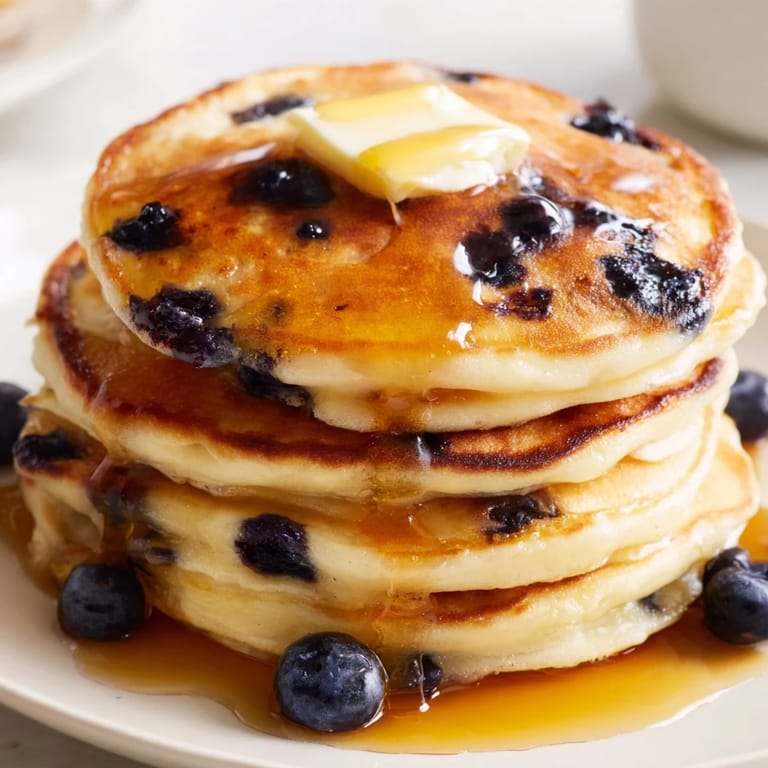 Fresh blueberries dot the surface of these perfectly cooked American Blueberry Pancakes, a breakfast delight.