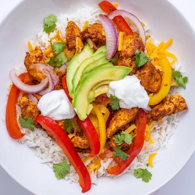 Delicious Chicken Fajita Bowl overflowing with savory chicken, vegetables, and fluffy rice for dinner tonight!