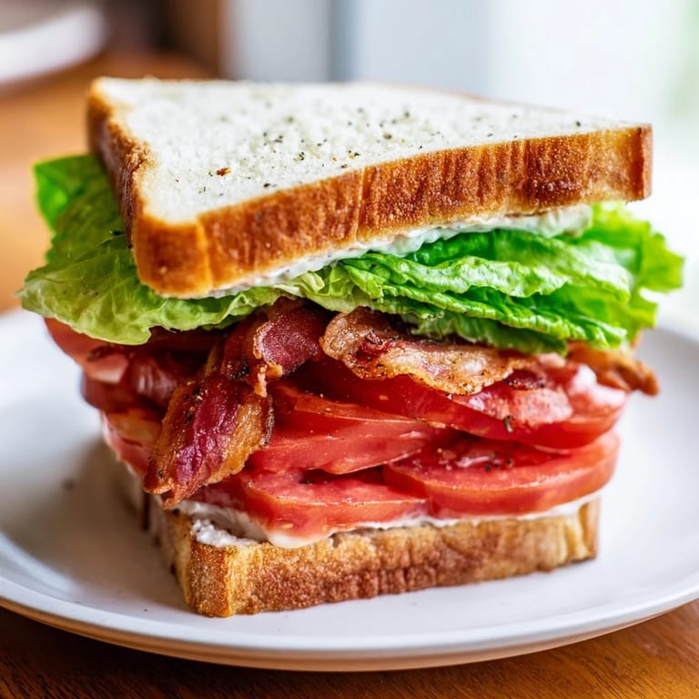 A close-up of a BLT sandwich: layers of bacon, lettuce, tomato, and mayo on toasted bread.