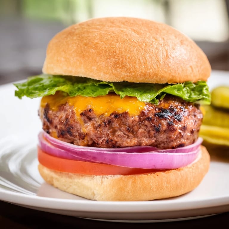 A delicious close-up of a homemade hamburger, showing fresh toppings and a toasted bun ready to eat.