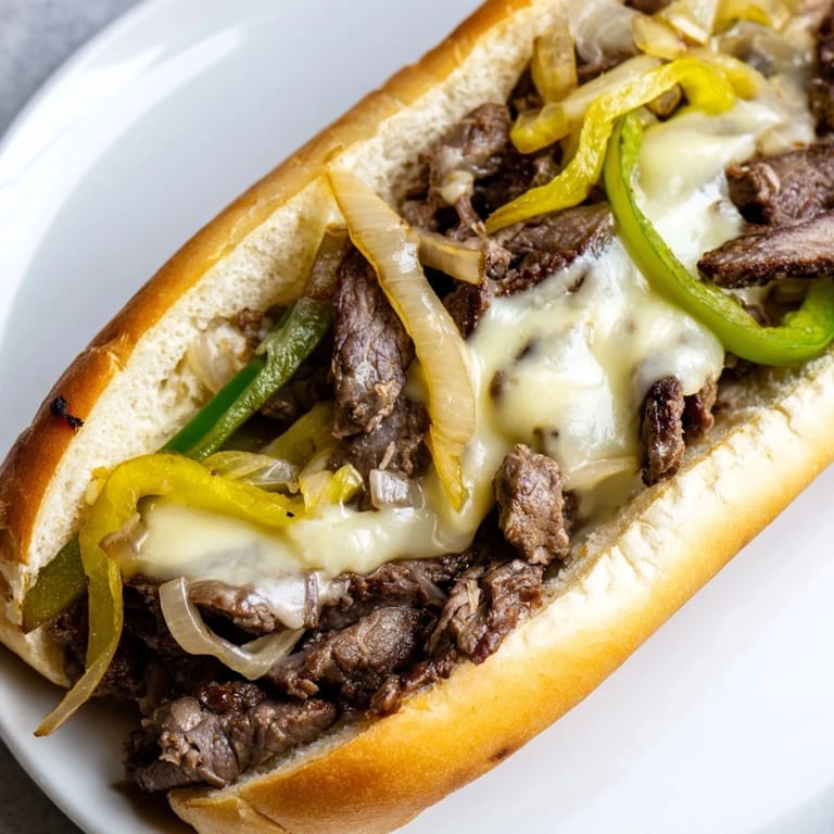 Close-up of a flavorful Philly cheesesteak sandwich, showcasing the tender beef and melty cheese.