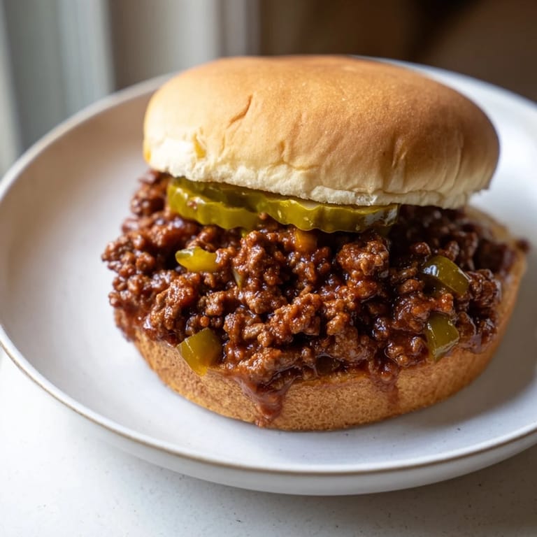 A delicious, close-up shot of homemade sloppy joes, savory sauce visible on ground beef.