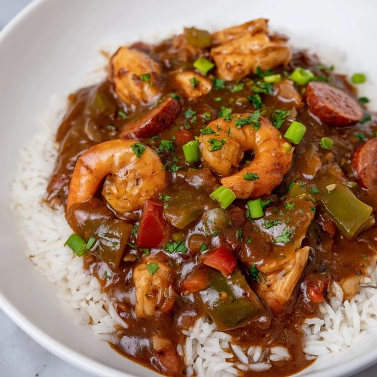 Delicious, rich gumbo with bits of sausage and chicken, a dark roux, and fresh herbs on top.