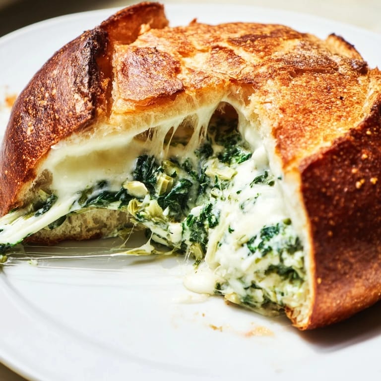 Two halves of a vegetarian spinach artichoke grilled cheese, ready for dipping into a warm bowl of tomato soup.