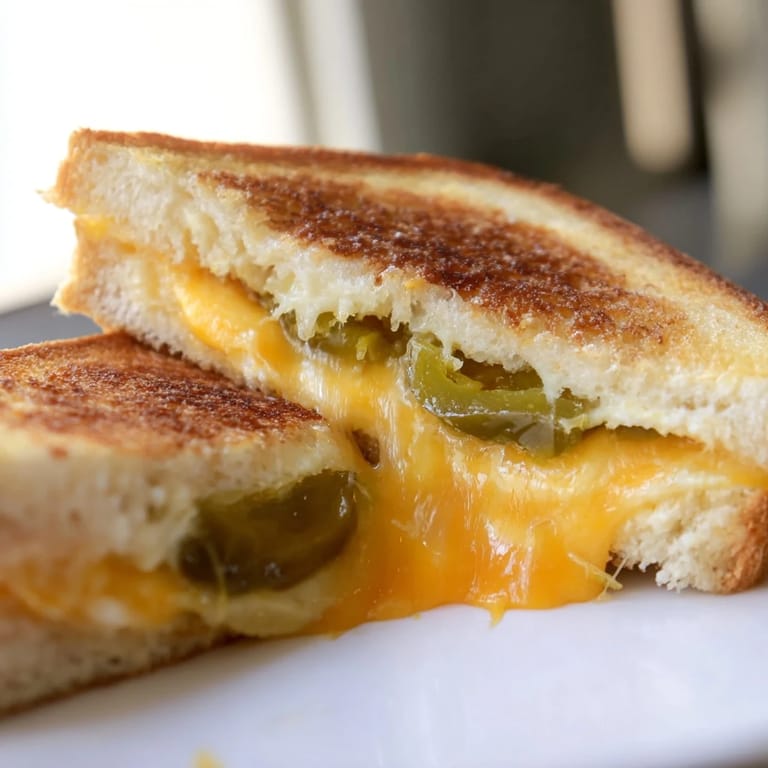 Steaming slices of Cheddar Jalapeño Grilled Cheese reveal gooey sharp cheddar and tangy jalapeños between perfectly crisped sourdough slices, ready to be dipped in tomato soup.