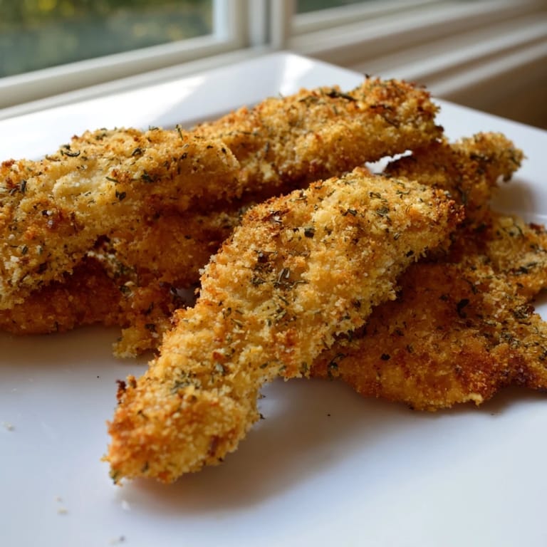 Close-up of golden Crispy Panko Chicken Strips, showing the crispy texture, ready to be dipped in honey mustard or ranch dressing.