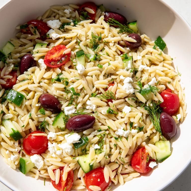 A refreshing Greek orzo salad bowl with olives, fresh dill, and parsley, perfect for summer potlucks or a quick vegetarian side dish.
