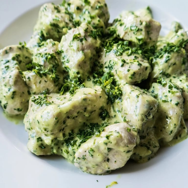 Golden-baked chicken pieces tossed in a vibrant Green Goddess dressing atop fresh salad greens for a protein-packed meal.