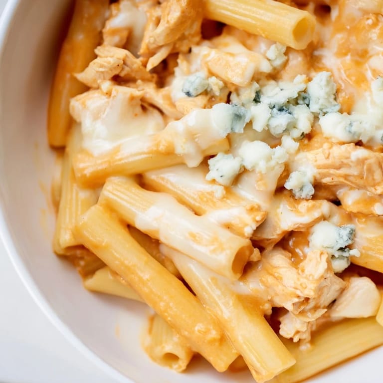 Buffalo Chicken Pasta topped with crumbled blue cheese and green onions, perfect for a weeknight dinner or game day feast.