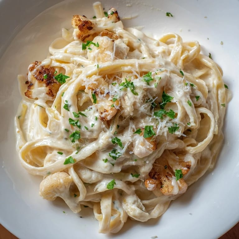 Close-up of Roasted Cauliflower Alfredo with nutmeg-scented creamy sauce and extra Parmesan, served hot for dinner.