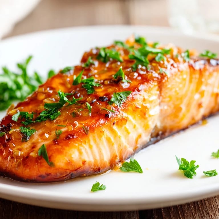Tender Honey Garlic Glazed Salmon with a sticky, sweet-savory sauce, paired with roasted vegetables and steamed rice.