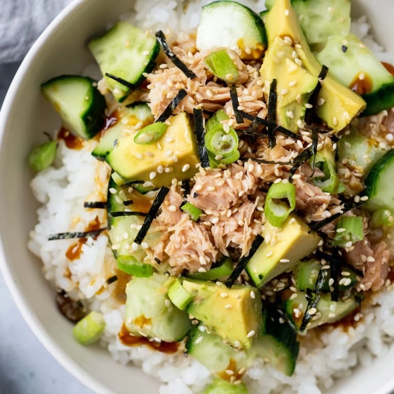 Close-up of a colorful Tuna Avocado Rice Bowl featuring tender tuna, diced avocado, and crunchy cucumbers.