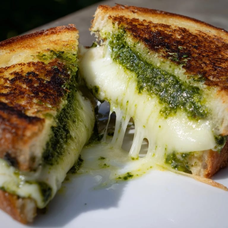 Fresh basil pesto and three melty cheeses fill this hearty sourdough grilled cheese, served warm and perfectly toasted.