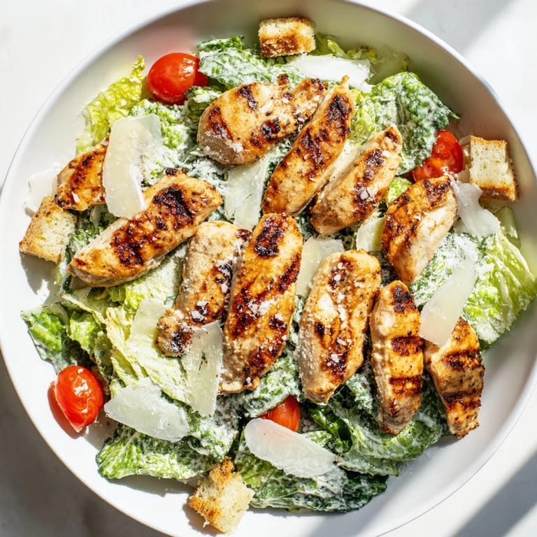 Sliced grilled chicken breast served on a bed of romaine salad with a light yogurt-based Caesar dressing.