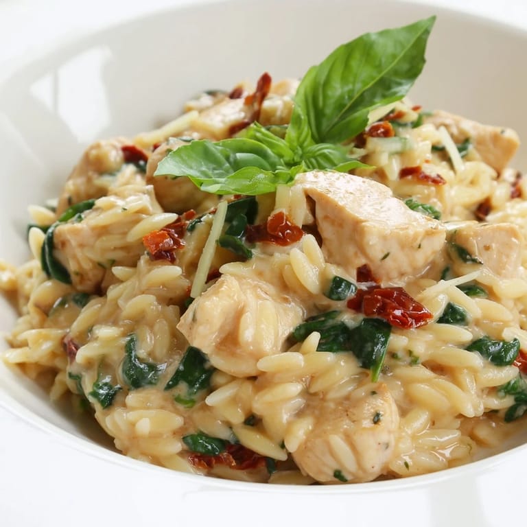 Tuscan Chicken Orzo in a deep skillet, golden chicken pieces nestled in creamy pasta with vibrant red tomatoes and green herbs.  