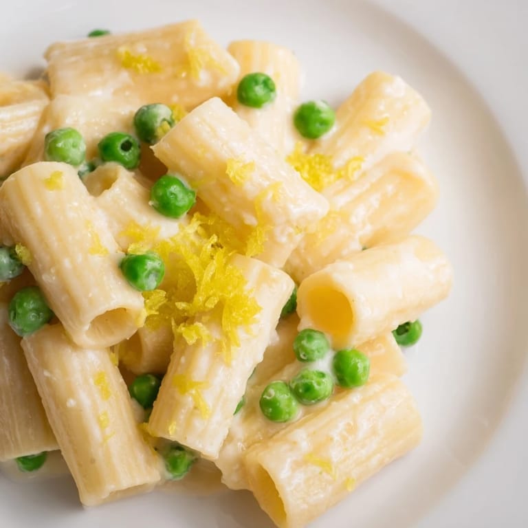 A vibrant spring Pea & Lemon Ricotta Pasta served warm with fresh basil, lemon zest, and grated Parmesan on top.  