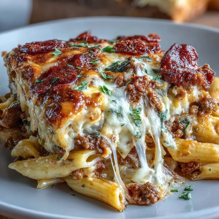 The High Protein Italian Beef and Pasta Bake is served steaming hot in a 9x13-inch baking dish, showcasing whole wheat penne mixed with lean ground beef and veggies.