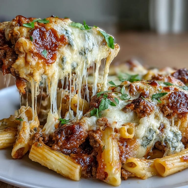Individual serving of the High Protein Italian Beef and Pasta Bake on a white plate, topped with a few turkey pepperoni slices and a side of fresh salad.