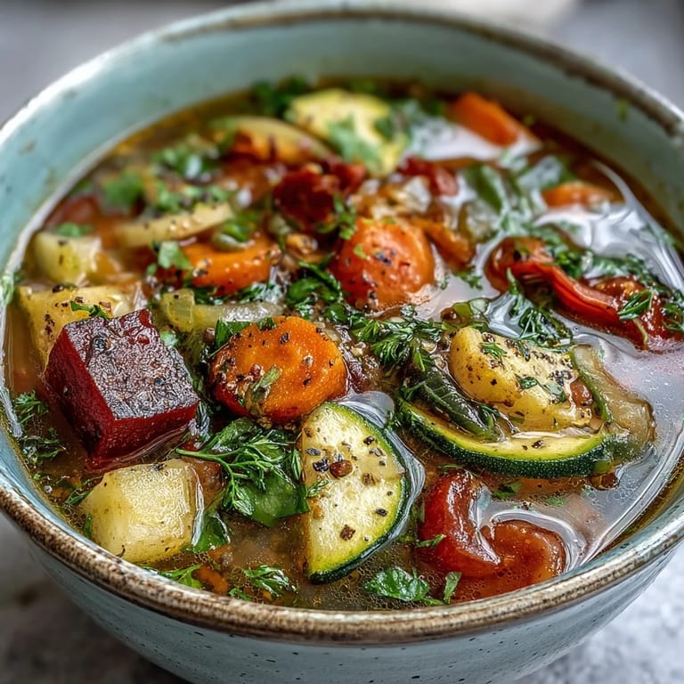 Close-up of the Rainbow Vegetable Detox Soup garnished with fresh parsley and dill, steam rising from the colorful vegetable medley.
