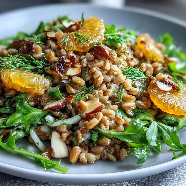 Freshly prepared Farro Salad With Fennel, Oranges, and Almonds showcasing juicy orange segments, crisp fennel, and a glossy citrus vinaigrette.