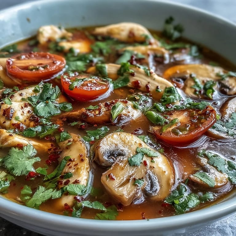 A close-up of steaming Tom Yum Gai, highlighting the rich red-orange broth infused with chili paste and topped with smashed lemongrass and Thai chiles for a bold, spicy kick.