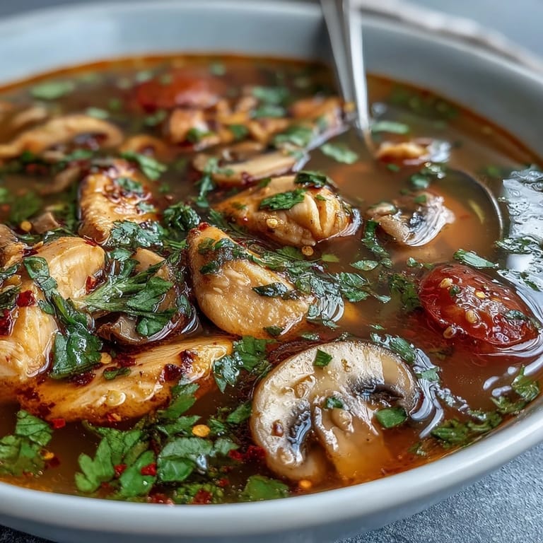 Freshly prepared Tom Yum Gai soup served in a white ceramic bowl, garnished with cilantro and lime wedges, ready to be enjoyed as a comforting Thai meal.