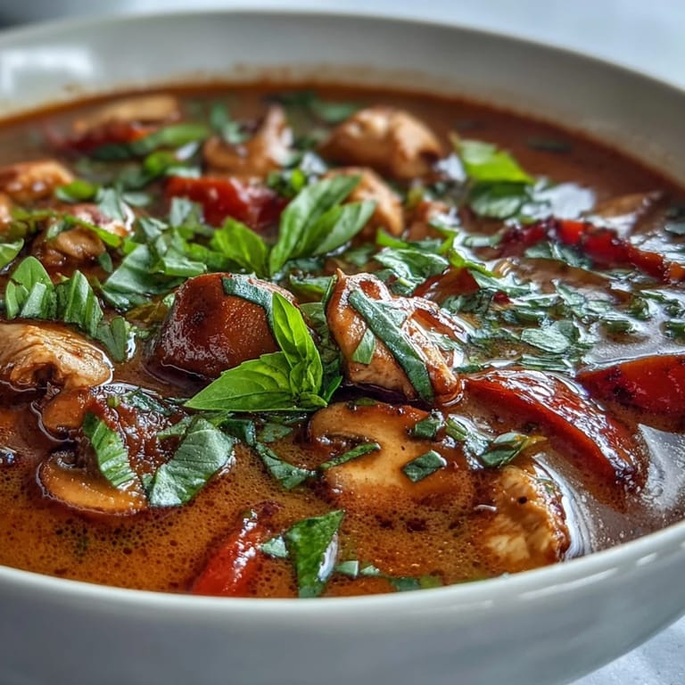 Vibrant Thai Chicken Coconut Curry Soup with chicken, bell pepper, and snow peas.