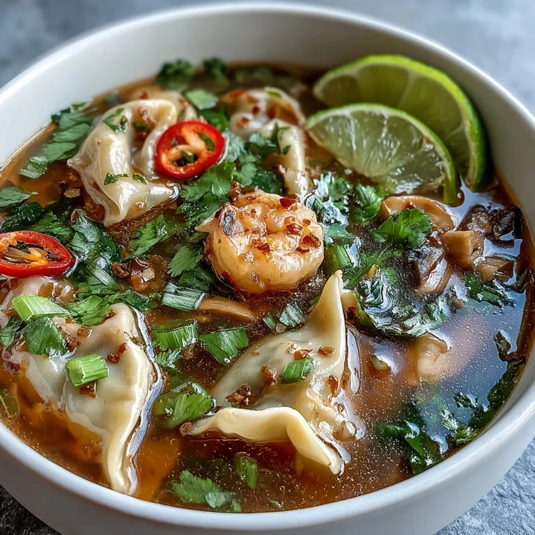 Close-up of a spoon lifting a juicy pork wonton from the tangy Thai-Chinese Tom Yum Wonton Soup, garnished with spring onions and chili oil.