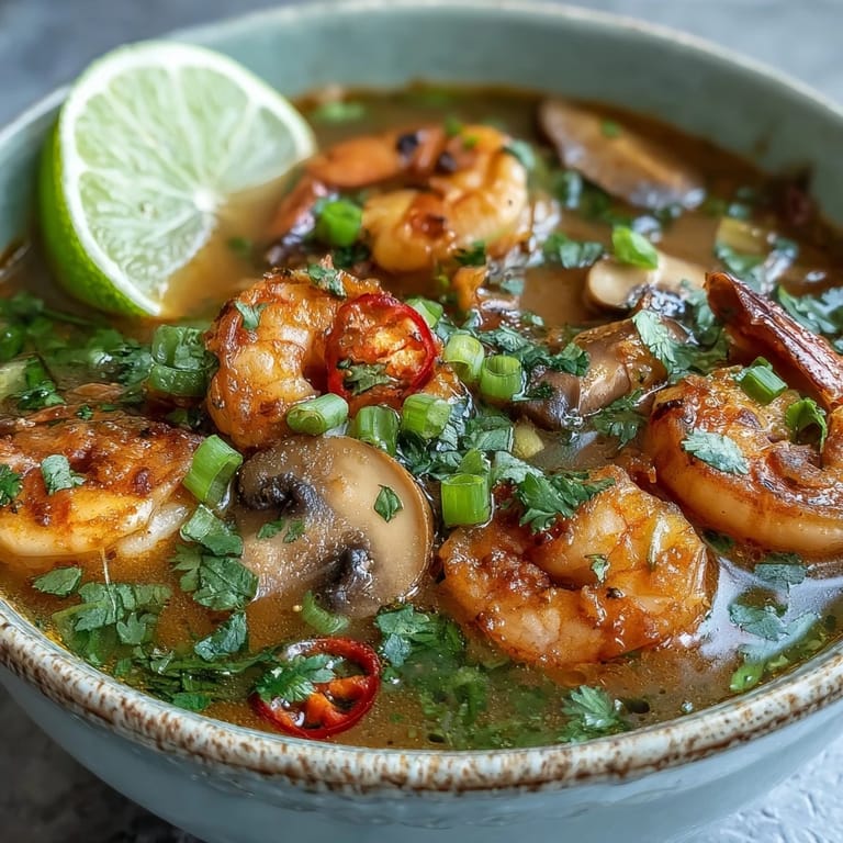 Thai Coconut Shrimp Soup served hot with jasmine rice and fresh herbs on the side.