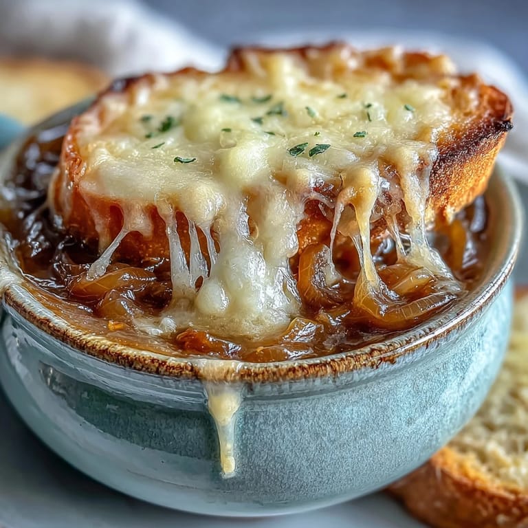 Freshly broiled French Onion Soup with caramelized onions, rich beef broth, and bubbly Gruyère, ready to serve with thyme.