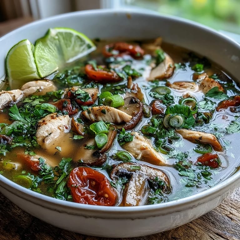 Spooning up bright red Tom Yum Chicken soup with mushrooms, tomatoes, and herbs from a rustic bowl, with extra lime wedges and chili garnish nearby.