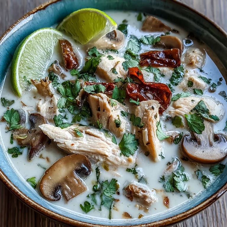 Steaming Tom Kha Soup garnished with cilantro and lime wedges, served in a white bowl.