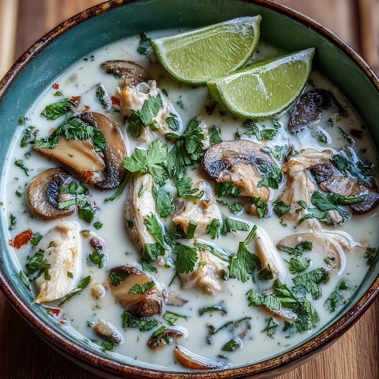 Spicy Tom Kha Soup featuring aromatic lemongrass and galangal, ready to enjoy with jasmine rice.