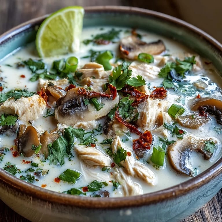 Spoon lifting creamy Authentic Tom Kha Gai with lime leaves and chilies from a white bowl, served with jasmine rice on the side.