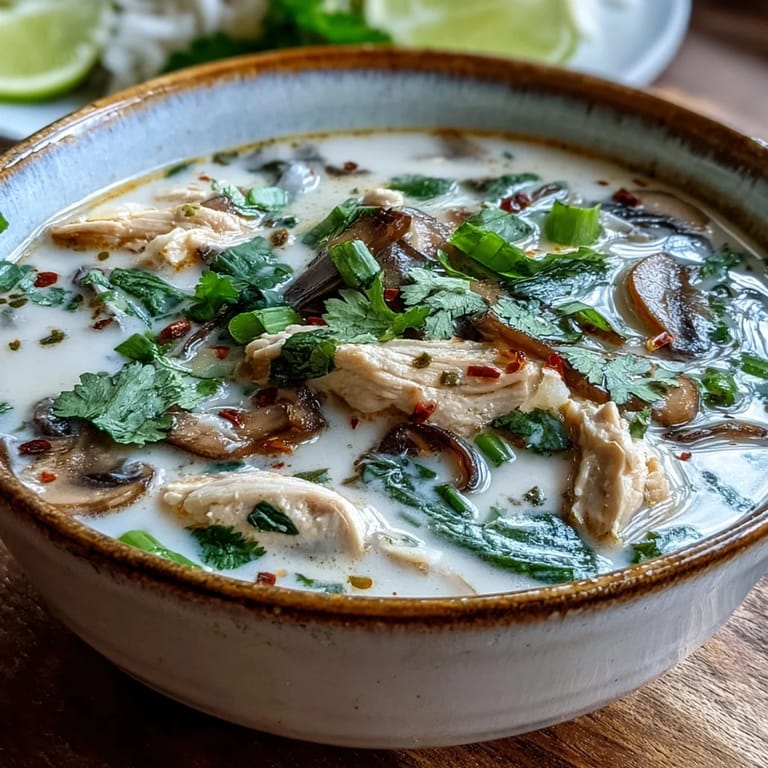 Steaming bowl of Authentic Tom Kha Gai with sliced chicken, straw mushrooms, and a lime wedge, ready to enjoy.