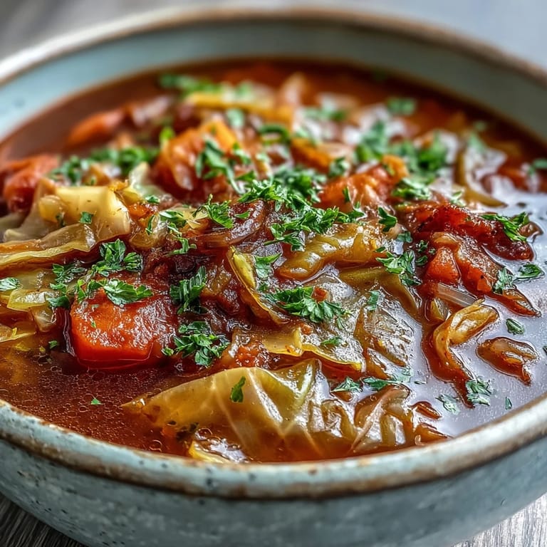 Close-up shot of Classic Cabbage Soup, featuring colorful vegetables simmered in a rich red broth, served in a rustic ceramic bowl.