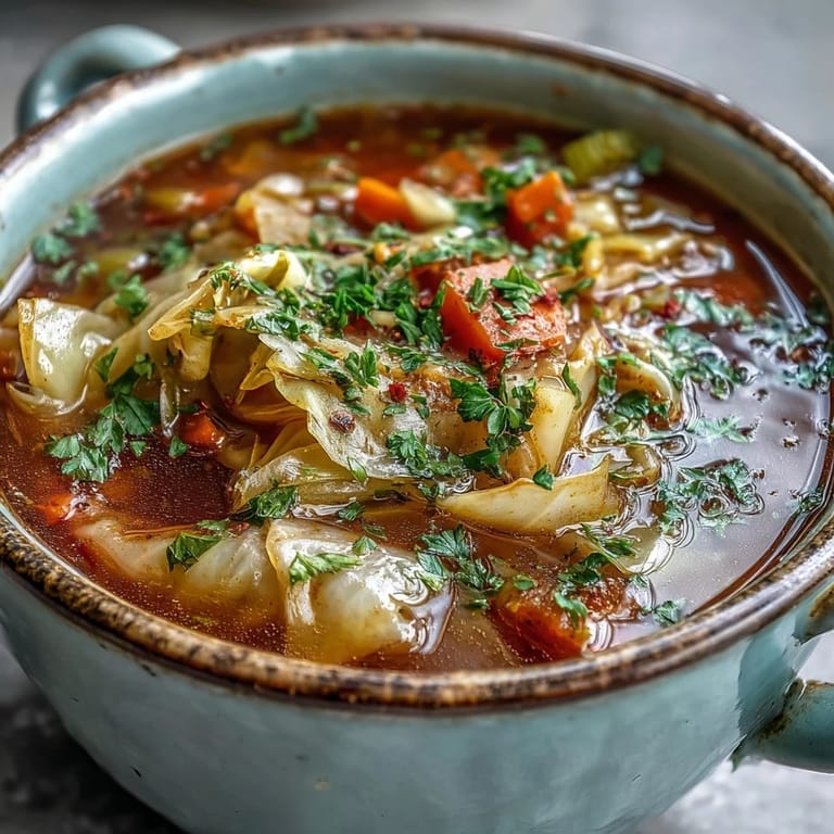 Classic Cabbage Soup served hot with crusty bread on the side, perfect for a cozy and nutritious vegetarian family dinner.