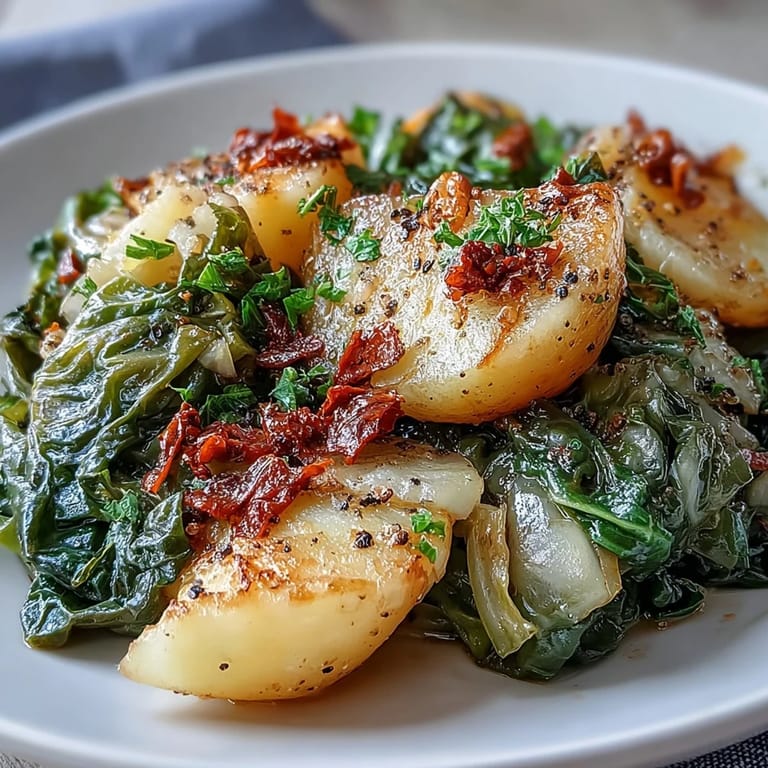 Hearty vegetarian braised cabbage with potatoes and chili, garnished with fresh parsley and a bright lemon wedge.  