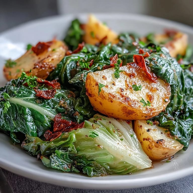Cozy, gluten-free European stew of wilted cabbage and potatoes infused with gentle warmth from sliced red chili.