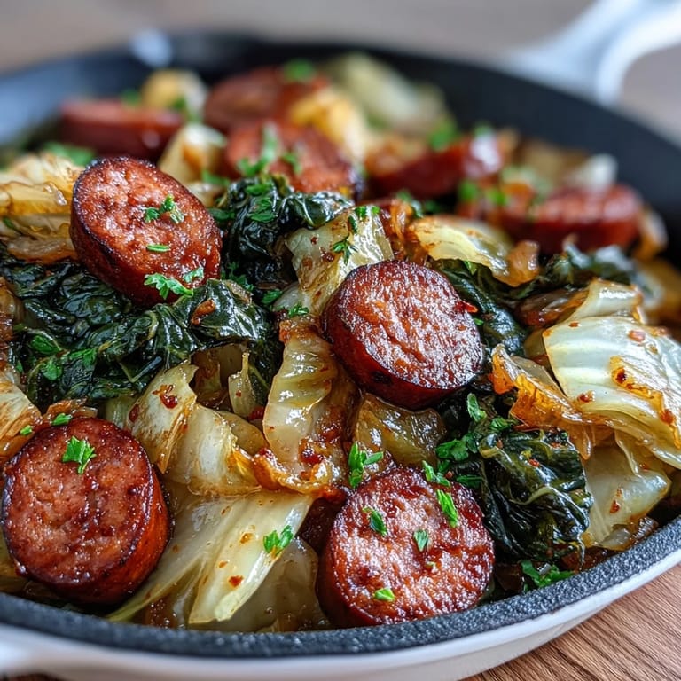 Tender green cabbage and juicy sausage pieces mingle in this hearty Smothered Cabbage With Sausage Skillet, perfect for a weeknight meal.