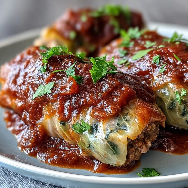 Close-up view of freshly baked cabbage rolls, garnished with parsley and served alongside creamy sour cream and crusty artisan bread on a rustic table.