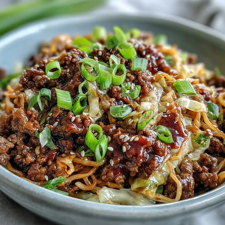 A close-up of Chinese Ground Beef and Cabbage Stir-Fry showcases tender meat, bright vegetables, and sesame seeds, ready to be served over steamed cauliflower rice.