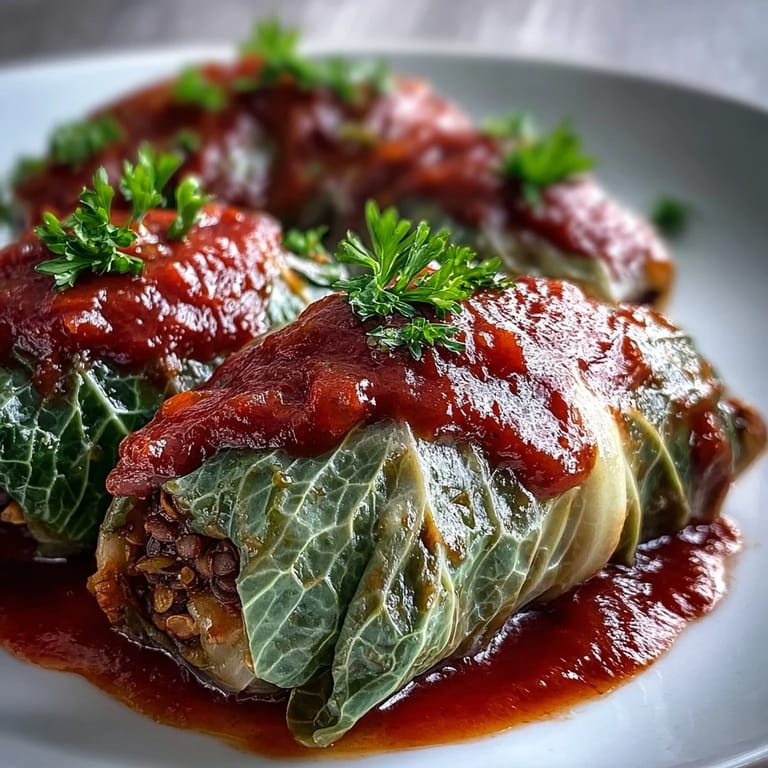 Savory lentil rice filling bursts from tender leaves in these baked vegan cabbage rolls.
